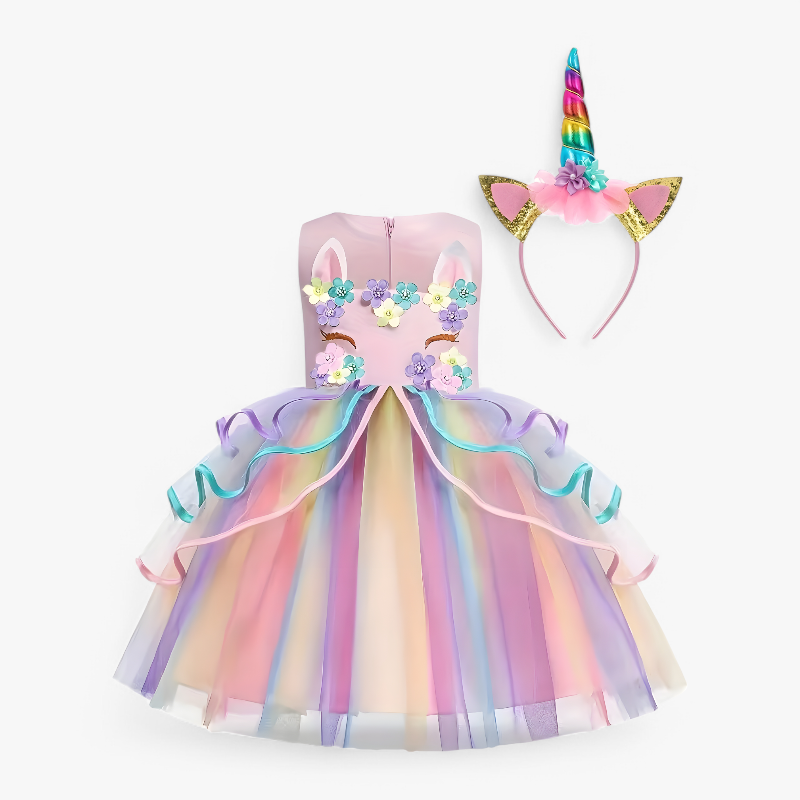Fantasierijke Eenhoorn Prinsessenjurk – Met Bloemen en Kleurrijke Tulle