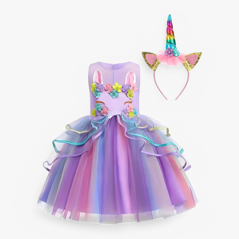 Fantasierijke Eenhoorn Prinsessenjurk – Met Bloemen en Kleurrijke Tulle