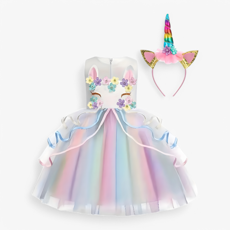 Fantasierijke Eenhoorn Prinsessenjurk – Met Bloemen en Kleurrijke Tulle